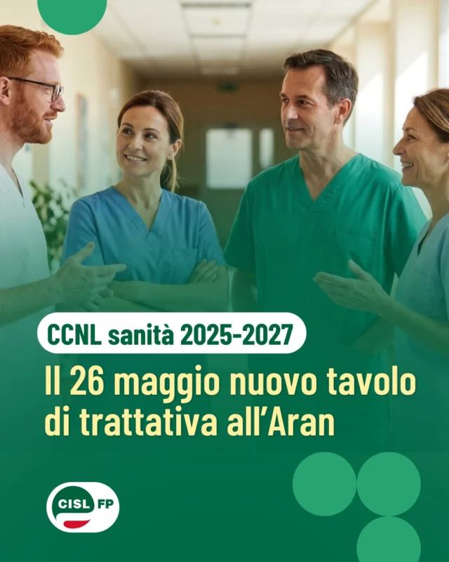 Domani, 26 maggio, riprende all’Aran il tavolo per il rinnovo del CCNL Sanità 2025-2027.

Al centro dell’incontro temi fondamentali per lavoratrici, lavoratori e professionisti della sanità pubblica: retribuzioni, indennità, sicurezza, welfare, organizzazione del lavoro e valorizzazione professionale.

Segui i canali CISL FP per tutti gli aggiornamenti del negoziato.

#CISLFP #SanitàPubblica #CCNL #ARAN #Sanità #Contrattazione #LavoroPubblico #Sindacato