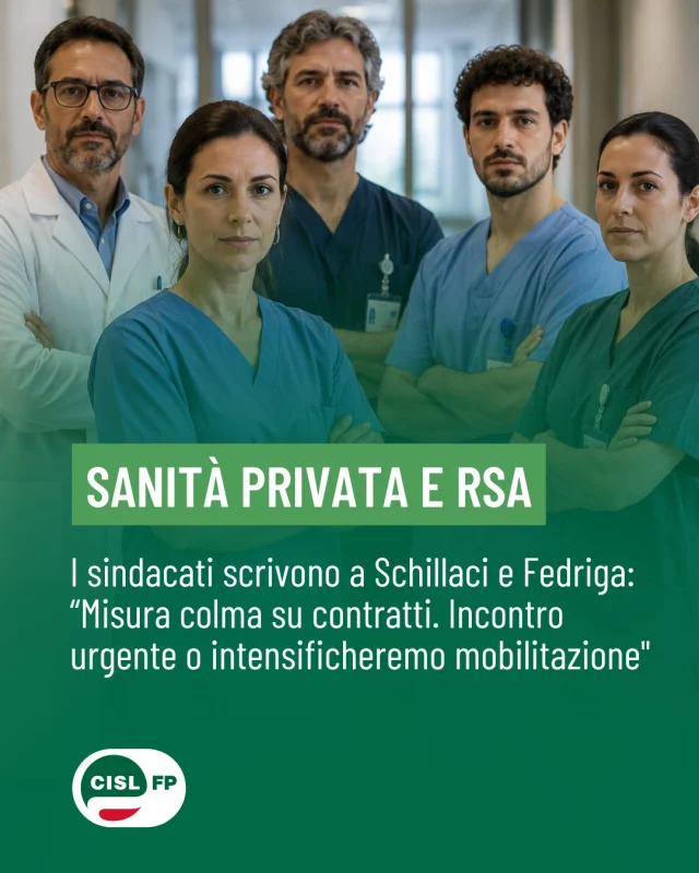 La vertenza per il rinnovo dei contratti della #SanitàPrivata e delle #RSA resta aperta. E la mobilitazione continua giorno dopo giorno!

Nella giornata di oggi abbiamo chiesto un incontro urgente al Ministro della Salute, Orazio Schillaci, e al Presidente della Conferenza delle Regioni, Massimiliano Fedriga, per sbloccare una situazione non più sostenibile.

Dopo anni di attesa, servono risposte concrete per i nostri colleghi: #contratti rinnovati e pieno riconoscimento del valore del lavoro di cura.

La tensione resta alta. Se non arriveranno segnali concreti, dopo lo sciopero dello scorso 17 aprile e il presidio in Piazza Vidoni, i #sindacati sono pronti a intensificare la mobilitazione con nuovi presìdi e ulteriori iniziative a tutela dei #diritti delle lavoratrici dei lavoratori e dei professionisti sanitari!

👉 Leggi la nota stampa sul sito.