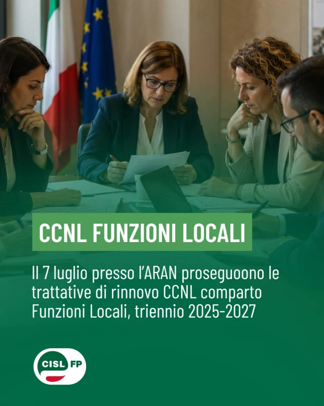 Prosegue il confronto per il rinnovo del CCNL del Comparto Funzioni Locali 2025-2027.

Il 7 luglio, alle ore 14.30, le delegazioni torneranno a incontrarsi presso l'ARAN per il prosieguo del negoziato.

👉 Segui i canali CISL FP per tutti gli aggiornamenti.

#CislFP #Sindacato #FunzioniLocali #LavoroPubblico