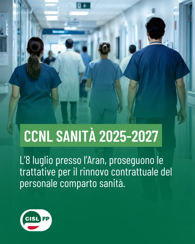 Continua il nostro impegno per il rinnovo del CCNL del personale del Comparto Sanità.

Domani, 8 luglio alle ore 11.00, le delegazioni sindacali torneranno a confrontarsi presso l'ARAN per il prosieguo della trattativa.

👉 Segui i canali CISL FP per tutti gli aggiornamenti del negoziato.

#CislFP #Sindacato #Sanità