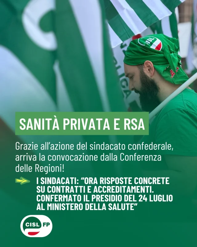 Grazie alla mobilitazione di Cisl Fp, Fp Cgil e Uil Fp non si spengono i riflettori sulla Sanità Privata e sulle RSA: è giunta in queste ore la convocazione della Conferenza delle Regioni per affrontare la vertenza al tavolo istituzionale.

Ora servono risposte su Contratti e Accreditamenti, non ulteriori rinvii. Lavoratrici, lavoratori e professionisti del settore attendono da troppo tempo il giusto riconoscimento economico e professionale.

La CISL FP continuerà a sostenere con determinazione questa battaglia fino al rinnovo dei contratti e alla piena valorizzazione di chi ogni giorno garantisce assistenza e cura.

👉 Leggi il comunicato completo sul sito nazionale.

#CislFP #SanitàPrivata #RSA #ContrattoSubito #Sindacato
