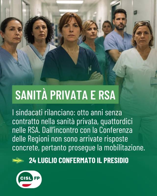Grazie alla mobilitazione unitaria di CISL FP, FP CGIL e UIL FP, è ripreso oggi il confronto sulla vertenza della sanità privata e delle RSA presso la Conferenza delle Regioni ma non sono ancora arrivate risposte concrete sul rinnovo dei contratti nazionali, sugli accreditamenti e sulle tutele economiche per le lavoratrici e i lavoratori.

L'obiettivo resta chiaro: ottenere il rinnovo dei contratti nazionali, garantire il giusto riconoscimento economico e professionale e e rafforzare le tutele per chi ogni giorno assicura assistenza e cura.

L'appuntamento è confermato: ci vediamo venerdì 24 luglio, dalle ore 10.00, in Lungotevere Ripa, davanti al Ministero della Salute. Non ci fermeremo sino a quando non conquisteremo il rinnovo dei contratti e il pieno riconoscimento dei diritti di chi opera nella sanità privata e nelle RSA.

👉 Leggi il comunicato completo sul sito nazionale: link in bio.

#cislfp #sindacato #sanitàprivata #RSA #Presidio