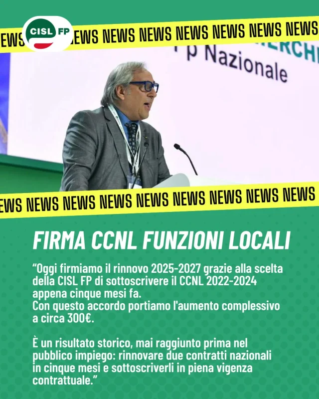 Firmata la pre-intesa per il rinnovo del CCNL Funzioni Locali 2025-2027.

Un risultato che conferma il valore di una contrattazione tempestiva e continua, capace di garantire risposte concrete alle lavoratrici e ai lavoratori delle Funzioni Locali.

Nel comunicato, il commento del Segretario Generale della CISL FP Roberto Chierchia, che ripercorre il percorso che ha portato alla sottoscrizione dell'intesa e ne evidenzia il valore per il comparto.

👉 Leggi il comunicato completo sul sito della CISL FP 

#CislFP #FunzioniLocali #CCNL #PubblicoImpiego #Contrattazione