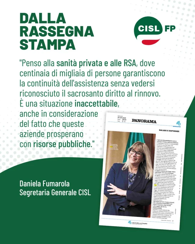 Nell'intervista pubblicata da Panorama, la Segretaria Generale della CISL, Daniela Fumarola, richiama di nuovo l'attenzione sulla situazione vergognosa della sanità privata e delle RSA, definendo "inaccettabile" il mancato rinnovo dei contratti per centinaia di migliaia di lavoratrici, lavoratori e professionisti che ogni giorno garantiscono la continuità dell'assistenza con contratti scaduti da 8 e 14 anni.

Parole che confermano con chiarezza l'impegno della Confederazione al fianco della battaglia della CISL FP per il rinnovo dei contratti della sanità privata e delle RSA. 

Perché il lavoro di chi si prende cura delle persone merita rispetto, dignità e il giusto riconoscimento. Sempre.

#CislFP #SanitàPrivata #RSA