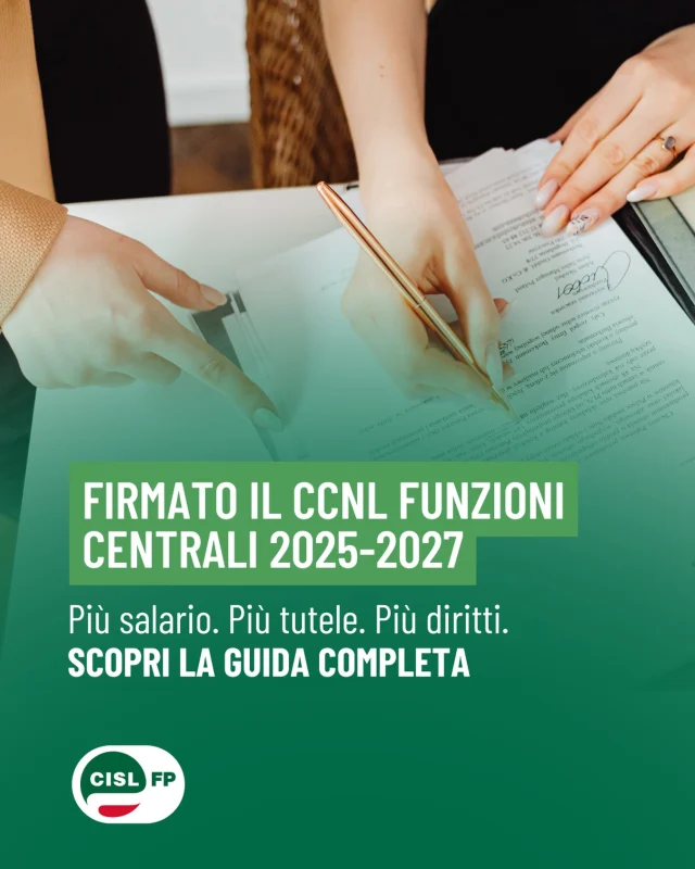 📘 Firmato il CCNL Funzioni Centrali 2025-2027. E adesso? Quanto aumenta lo stipendio, quando arrivano gli arretrati, cosa cambia per ferie, turni, genitorialità, formazione e intelligenza artificiale?

Tutte le risposte sono nella Guida completa CISL FP: le tabelle degli aumenti area per area, la simulazione degli arretrati, le novità normative e le FAQ.

💾 Salvala e condividila con le colleghe e i colleghi: è pensata per essere consultata, non solo letta.

👉 Scopri la guida completa: link in bio (e nelle storie)

#CISLFP #FunzioniCentrali #CCNL #InsiemeLoFaremo