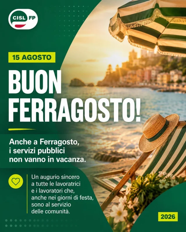 Anche a #Ferragosto, c’è chi non smette di prendersi cura di noi 💚

Mentre molti trascorreranno una giornata di riposo con le persone care, centinaia di migliaia di lavoratrici e lavoratori continueranno ad essere al proprio posto.

Negli ospedali e nei servizi sanitari, nell’emergenza e nell’assistenza, nei territori, negli enti e in tutte quelle realtà che non possono fermarsi, nemmeno nei giorni di festa.

Ci sono per garantirci cura, sicurezza, assistenza e tutela. Ci sono per le persone più fragili, per chi ha bisogno, per le nostre comunità. Ci sono sempre.

A tutte le colleghe e a tutti i colleghi in servizio va il nostro grazie. Un grazie che vuole essere il riconoscimento del nostro lavoro e dell’impegno che mettiamo ogni giorno al servizio delle persone 💚