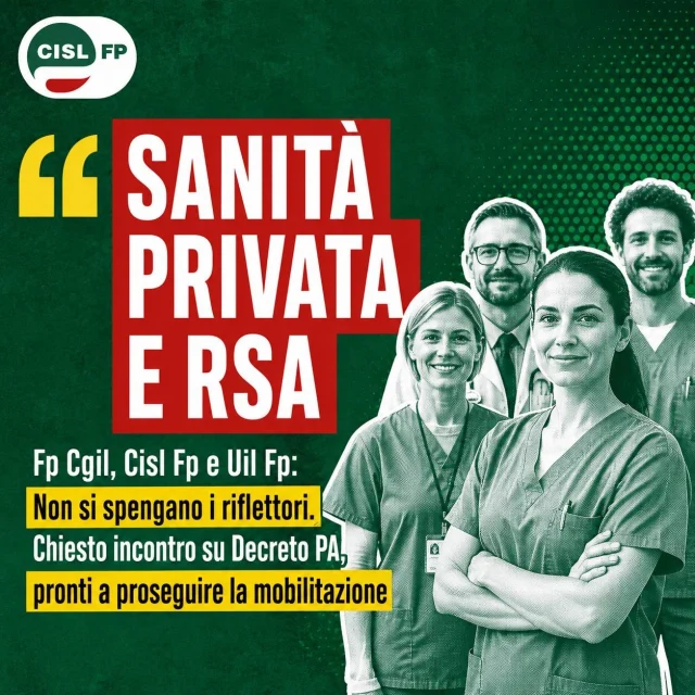 SANITÀ PRIVATA E RSA 

I #sindacati incalzano #Governo, #Parlamento, @conferenza_regioni_e_pa e @ministerosalute : “Non consentiremo che sulla sanità privata e sulle RSA si spengano i riflettori”

⚠️ @cislfp_nazionale , Fp Cgil e Uil Fp chiedono un’audizione alle commissioni di @montecitorio , @senatoitaliano e l’apertura di un confronto con i gruppi parlamentari nell’ambito dell’iter di conversione del #DecretoPA.

📲 Leggi il comunicato stampa unitario sul nostro sito web: https://cislfp.it/

#sanità #sanitàprivata