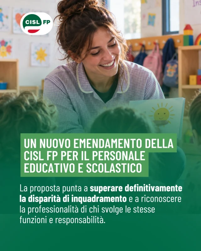 La CISL FP ha presentato un emendamento per superare la disparità di inquadramento che interessa il personale educativo e scolastico degli Enti Locali.

La proposta punta al reinquadramento nell’Area dei Funzionari con un intervento nazionale e risorse dedicate, per garantire un riconoscimento coerente con professionalità, funzioni e responsabilità.

👉 Leggi l’articolo completo sul sito di CISL FP.

#CislFP #ServiziEducativi #PersonaleEducativo #FunzioniLocali