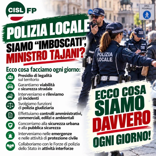 Non condividiamo  le parole del Ministro @antoniotajani , rilasciate a “È sempre Cartabianca” @rete4 , in un’intervista con la giornalista @bianca.berlinguer .

La Polizia Locale non si “imbosca negli uffici” ma è tutti i giorni sulle strade di ogni comune d’Italia a garantire sicurezza e legalità ai cittadini.

Lo facciamo non dimenticando chi, nell’adempimento del proprio dovere, ha perso la vita o è rimasto gravemente ferito.

Da oltre 40 anni chiediamo una nuova legge quadro per svolgere al meglio le nostre delicate funzioni, con dispositivi adeguati e per ottenere finalmente l’equiparazione di tutele e diritti delle altre forze di polizia ad ordinamento statale.

Non vogliamo le scuse. Da sole non bastano, vogliamo i fatti. 

La #PoliziaLocale non si nasconde. È sul territorio, ogni giorno.