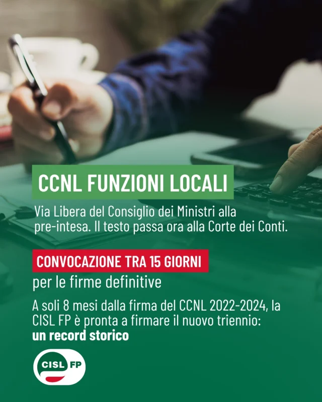 VINCE LA LINEA CISL!

Il rinnovo del CCNL Funzioni Locali 2025-2027 entra nella fase decisiva. A soli 8 mesi dalla firma del CCNL 2022-2024, la CISL FP è pronta a firmare il nuovo triennio: un record storico per le Funzioni Locali. 

Se oggi è stato possibile raggiungere questo risultato è perché, con lungimiranza e responsabilità, la CISL ha scelto di firmare il CCNL 2022-2024, con l’obiettivo dichiarato di aprire subito la nuova stagione contrattuale e arrivare al rinnovo 2025-2027 in vigenza.

Una promessa fatta e mantenuta.

Il contratto introduce aumenti economici, arretrati, nuove tutele e importanti novità normative per le lavoratrici e i lavoratori degli Enti Locali. 

Sul sito CISL FP è disponibile la guida completa alla pre-intesa, con tutte le informazioni sul rinnovo: dagli aumenti e dagli arretrati alle nuove regole su ferie, malattia, genitorialità, formazione, welfare, intelligenza artificiale e valorizzazione professionale.

👉 Leggi la guida completa: https://cislfp.it/2026/07/21/guida-al-nuovo-ccnl-funzioni-locali-2025-2027/

#CislFP #FunzioniLocali #CCNL #Contrattazione #EntiLocali #LavoroPubblico