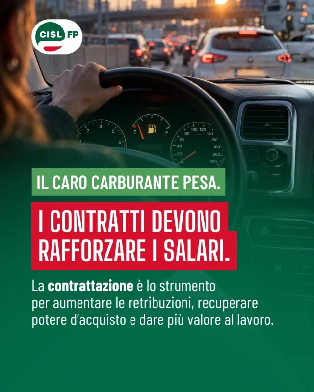 Per chi ha un accesso limitato al trasporto pubblico il caro carburante pesa più che per chiunque altro. Spostarsi in auto ogni giorno per raggiungere il posto di lavoro significa vedere il proprio potere d’acquisto erodersi a ogni rifornimento. Il conto arriva dritto al bilancio familiare.

Per questo l’impegno della CISL FP per il rinnovo di tutti i contratti nazionali pubblici e privati è la prima risposta da dare: difendere il valore dei salari vuol dire rispondere in modo concreto al costo della vita.

Crescono i salari, crescono le tutele!
La contrattazione è lo strumento essenziale per difendere il potere d’acquisto e riconoscere il valore del lavoro.

#CislFP #CaroCarburante #Pendolari #Contrattazione