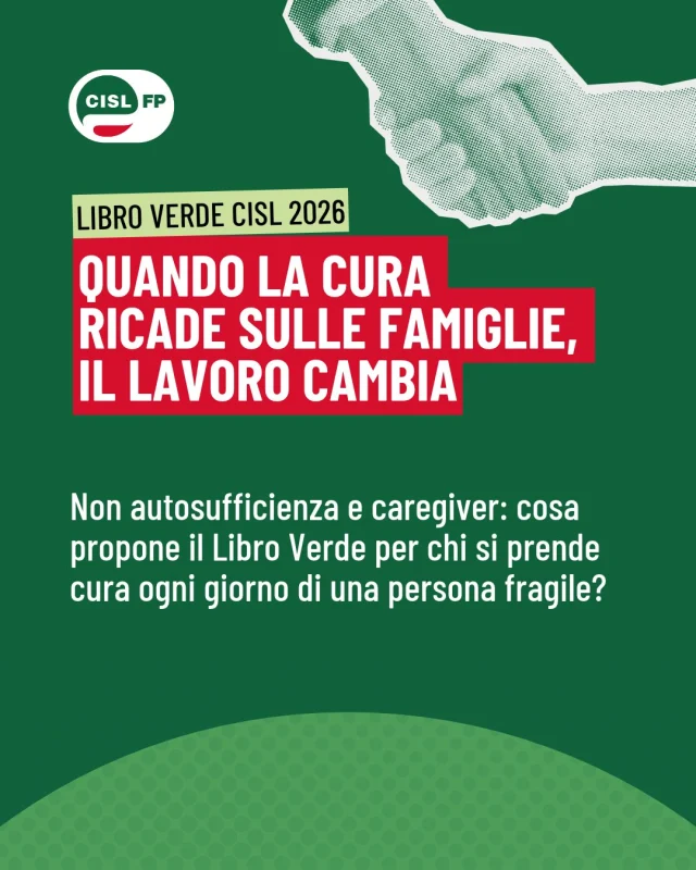 Prendersi cura di una persona non autosufficiente può avere conseguenze profonde anche sulla vita lavorativa di chi assiste: carriere discontinue, difficoltà nella conciliazione, penalizzazioni sul percorso professionale e previdenziale.

Per questo il Libro Verde CISL 2026 propone di rafforzare i servizi di cura, sostenere concretamente i caregiver familiari e riconoscere il valore del lavoro di cura anche sul piano economico e previdenziale. 

Scopri tutte le proposte nel Libro Verde CISL 2026 👉 https://cislfp.it/2026/09/23/libro-verde-cisl-patto-sociale-lavoro/
#CislFP #LibroVerde #Caregiver #Welfare