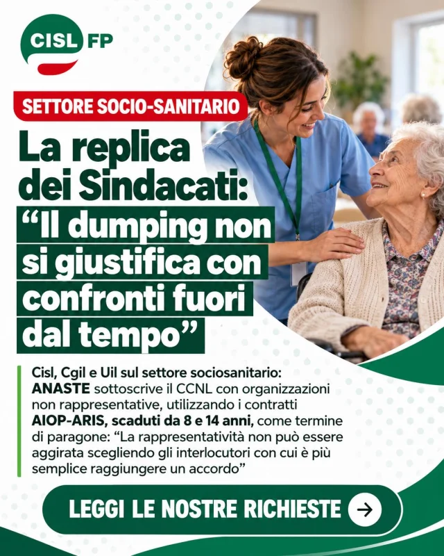 CONTRATTI, NO AL DUMPING! SALARI, DIRITTI E TUTELE NON SI SVENDONO 

Il dumping contrattuale di ANASTE non si giustifica con confronti fuori dal tempo.

È netta la posizione di CISL FP, FP CGIL e UIL FP sul rinnovo del CCNL ANASTE 2026-2028: non si può misurare la qualità di un contratto confrontandolo con accordi scaduti da anni, né aggirare le organizzazioni sindacali comparativamente più rappresentative.

Ribadiamo la necessità di garantire rinnovi che assicurino salari adeguati e maggiori tutele.

Ma le responsabilità riguardano anche AIOP e ARIS: quattordici anni senza rinnovo del contratto delle RSA sono inaccettabili. Migliaia di lavoratrici e lavoratori continuano a garantire assistenza alle persone più fragili senza il giusto riconoscimento economico e professionale.

Chiediamo al Governo di intervenire per superare le disparità di trattamento e vincolare risorse pubbliche, accreditamenti e adeguamenti tariffari al rispetto e al rinnovo dei contratti collettivi.

Non vogliamo una gara al contratto “meno peggio”. Vogliamo alzare salari, diritti e tutele in tutto il settore sociosanitario.

Una battaglia che continueremo a portare avanti, pronti a rilanciare la mobilitazione in tutti i territori.

🔗 Leggi la notizia completa:
https://cislfp.it/2026/10/20/contratti-dumping-anaste-non-si-giustifica/

#SanitàPrivata #RSA #Contratti #Diritti #Lavoro