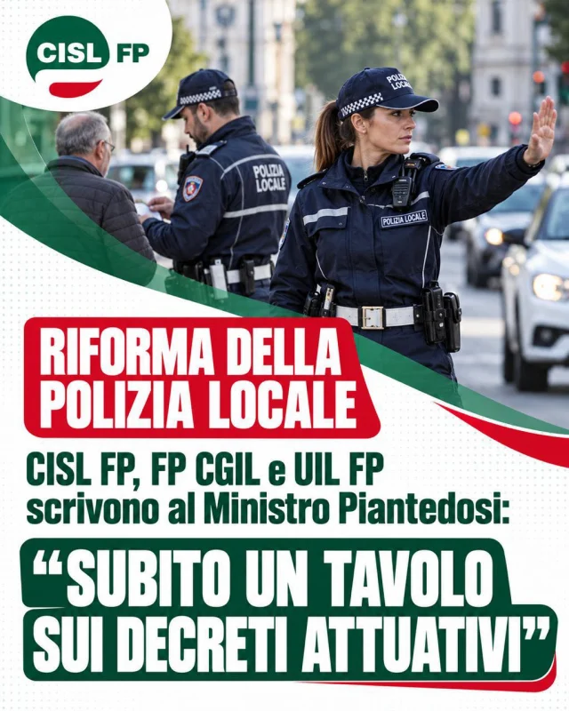 🚨 RIFORMA DELLA POLIZIA LOCALE: SUBITO UN TAVOLO SUI DECRETI ATTUATIVI

Dopo il via libera del Senato, CISL FP, FP CGIL e UIL FP hanno scritto al ministro dell’Interno Matteo Piantedosi per chiedere un incontro e l’apertura immediata di un tavolo strutturato sull’attuazione della riforma.

L’approvazione della legge è un passaggio importante, ma saranno i decreti attuativi, le risorse stanziate e le scelte concrete a determinare il vero impatto della riforma sulle lavoratrici e sui lavoratori della Polizia Locale.

Il confronto con le organizzazioni sindacali deve iniziare prima della predisposizione dei testi, non quando le decisioni saranno già state prese. Chi rappresenta il personale deve poter portare al tavolo l’esperienza quotidiana di chi opera nei territori, affrontando responsabilità, rischi e funzioni sempre più complesse.

Servono risposte concrete su:

🔹 aspetti economici e previdenziali 
🔹 assistenza e coperture assicurative 
🔹 tutela in caso di infortunio 
🔹 trattamento fiscale 
🔹 condizioni di lavoro e riconoscimento professionale 
🔹 strumenti e risorse adeguati 

Il termine di dodici mesi previsto per l’adozione dei decreti rende necessario partire subito, con tempi certi e modalità di partecipazione definite.

La CISL FP continuerà a seguire ogni fase del percorso affinché la riforma non rimanga incompiuta e riconosca pienamente il ruolo delle donne e degli uomini che garantiscono ogni giorno sicurezza, prossimità e legalità nelle comunità locali.

👉 Leggi il comunicato integrale su: https://cislfp.it/

#CISLFP #PoliziaLocale #RiformaPoliziaLocale
