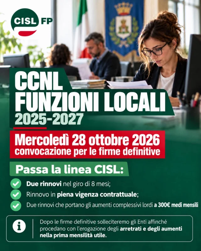 CCNL FUNZIONI LOCALI 2025-2027: PASSA LA LINEA CISL! 

📌 Mercoledì 28 ottobre 2026 è prevista la firma definitiva del nuovo Contratto Collettivo Nazionale delle Funzioni Locali 2025-2027.

Un risultato importante, che conferma la validità della linea sostenuta con determinazione dalla CISL FP: rinnovare i contratti, dare risposte concrete alle lavoratrici e ai lavoratori e garantire continuità alla contrattazione.

✅ Due rinnovi contrattuali nel giro di appena 8 mesi.
✅ Un contratto rinnovato in piena vigenza, senza accumulare anni di ritardo.
✅ due rinnovi che portano gli aumenti complessivi lordi a 300 € medi.

Dopo la firma definitiva, solleciteremo gli Enti Locali affinché procedano con l'erogazione degli arretrati e degli aumenti stipendiali nella prima mensilità utile. 

Per noi il contratto non è uno slogan: è lo strumento fondamentale per tutelare salari, diritti e dignità del lavoro.

La CISL FP continua a scegliere la strada della responsabilità, della concretezza e dei risultati. Perché le lavoratrici e i lavoratori delle Funzioni Locali hanno bisogno di risposte, non di attese.

#CISLFP #FunzioniLocali #CCNL #Contrattazione #LavoroPubblico