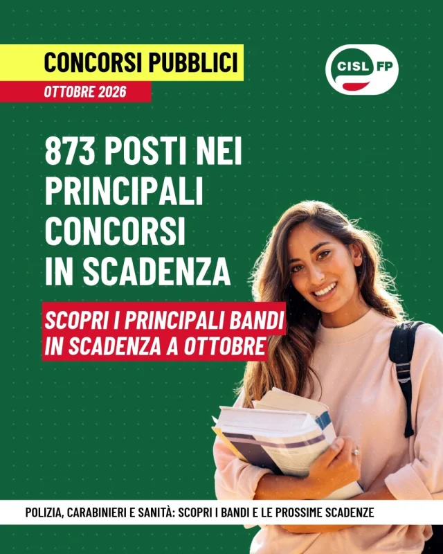 Sono ancora aperti diversi concorsi pubblici con scadenza negli ultimi giorni di ottobre, con opportunità nella Marina Militare, nella Polizia Penitenziaria e nel settore sanitario.

Scorri il carosello per conoscere i principali concorsi in scadenza, verificare le date e individuare le opportunità più adatte al tuo percorso.

Se sei iscritta o iscritto alla CISL FP, attraverso l’Area Riservata puoi accedere a strumenti e percorsi di preparazione dedicati per affrontare al meglio le prove concorsuali.

Consulta i bandi e approfondisci sul sito CISL FP.

#CislFP #ConcorsiPubblici #LavoroPubblico #Formazione