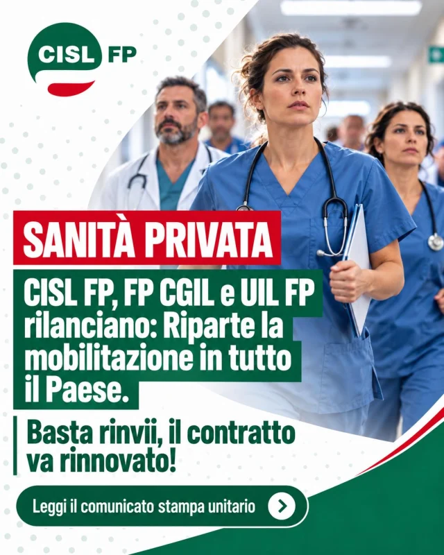 I SINDACATI RILANCIANO: RIPARTE LA MOBILITAZIONE SULLA SANITÀ PRIVATA E LE RSA ✊

Basta rinvii, promesse disattese e trattative bloccate. Il contratto va rinnovato! ⚠️ 

FP CGIL, CISL FP e UIL FP rilanciano la mobilitazione in tutto il Paese per il rinnovo del CCNL della Sanità Privata AIOP e ARIS.

Dopo anni di attesa, è necessario dare risposte concrete alle migliaia di lavoratrici, lavoratori e professionisti che ogni giorno garantiscono cure, assistenza e servizi essenziali.

Nelle prossime settimane prenderanno il via presidi, assemblee, volantinaggi e manifestazioni, con iniziative anche davanti alle sedi regionali.

Chiediamo ad AIOP e ARIS di assumersi le proprie responsabilità e a Governo e Regioni di intervenire per sbloccare la trattativa.

Salari adeguati, dignità professionale e diritti non possono più aspettare. La mobilitazione proseguirà fino al rinnovo del contratto!

🔗 Leggi il comunicato completo:
https://cislfp.it/2026/10/23/sanita-privata-fp-cgil-cisl-fp-e-uil-fp-riparte-la-mobilitazione-in-tutto-il-paese-basta-rinvii-il-contratto-va-rinnovato/

#CISLFP #SanitaPrivata #RSA #Mobilitazione